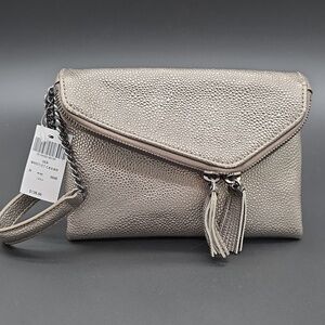 NWT HENRI BENDEL Metallic Pewter Caviar Envelope Wristlet Leather Clutch